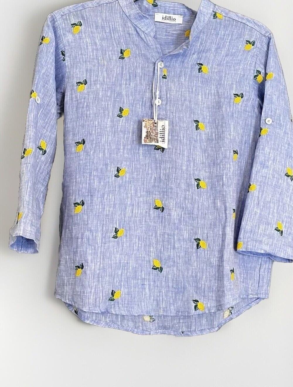 Idillio Positano Youth Embroidered Lemon Quarter Sleeve Linen Button Up Size XXL